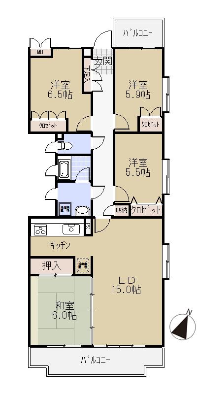 Floor plan. 4LDK, Price 32,800,000 yen, Footprint 101.02 sq m , It is very wide on the balcony area 16.03 sq m 4LDK 101.02 sq m