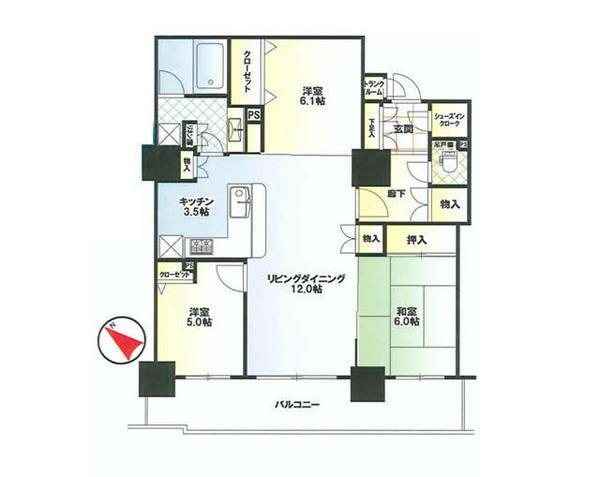 Floor plan. 3LDK, Price 39,900,000 yen, Occupied area 77.32 sq m , Balcony area 15 sq m