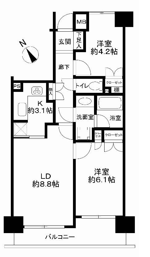 Floor plan. 2LDK, Price 21,800,000 yen, Occupied area 51.19 sq m , Balcony area 7.11 sq m
