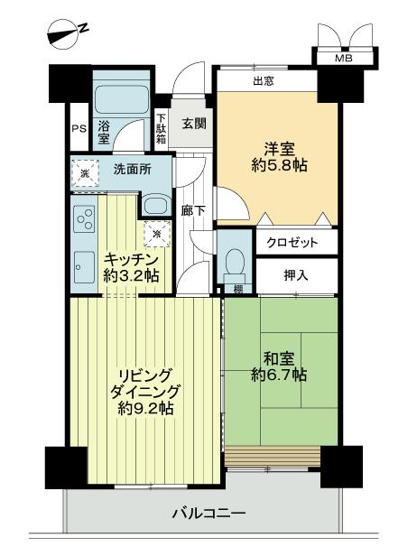 Floor plan. 2LDK, Price 21,800,000 yen, Occupied area 57.66 sq m , Balcony area 8.23 sq m