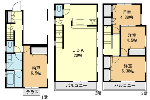 Floor plan. 34,500,000 yen, 3LDK+S, Land area 63.02 sq m , Building area 110.73 sq m