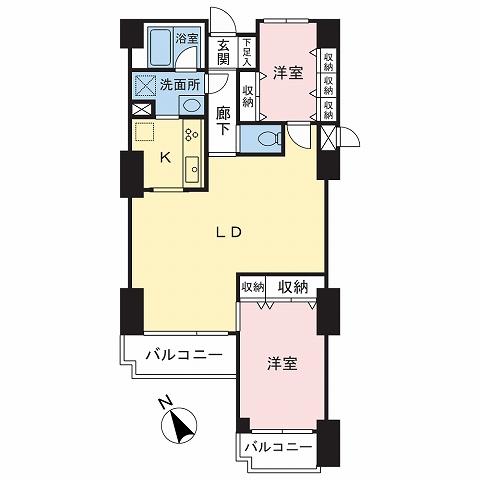 Floor plan. 2LDK, Price 14.8 million yen, Occupied area 62.48 sq m , Balcony area 7.28 sq m floor plan