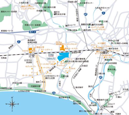 Local guide map. [Nearest station] Enoshima Odakyu "Honkugenuma" station walk 14 minutes (about 1110m), JR "Tsujido" station walk 23 minutes (about 1790m), JR ・ Odakyu Enoshima "Fujisawa" station walk 27 minutes (about 2160m), Enoden "Fujisawa" station walk 28 minutes (about 2190m)