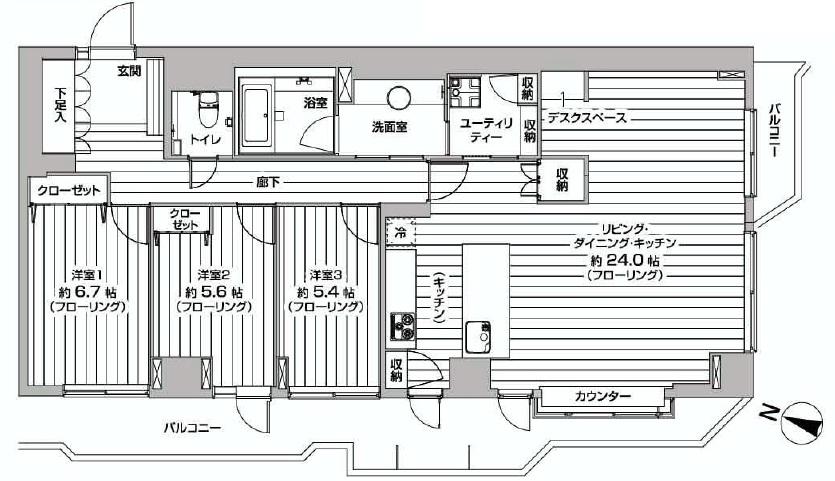 Floor plan. 3LDK, Price 40,880,000 yen, Footprint 107.23 sq m , Balcony area 24.74 sq m