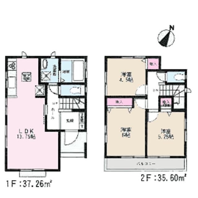 Floor plan. (Building 2), Price 34,500,000 yen, 3LDK, Land area 93.62 sq m , Building area 72.86 sq m