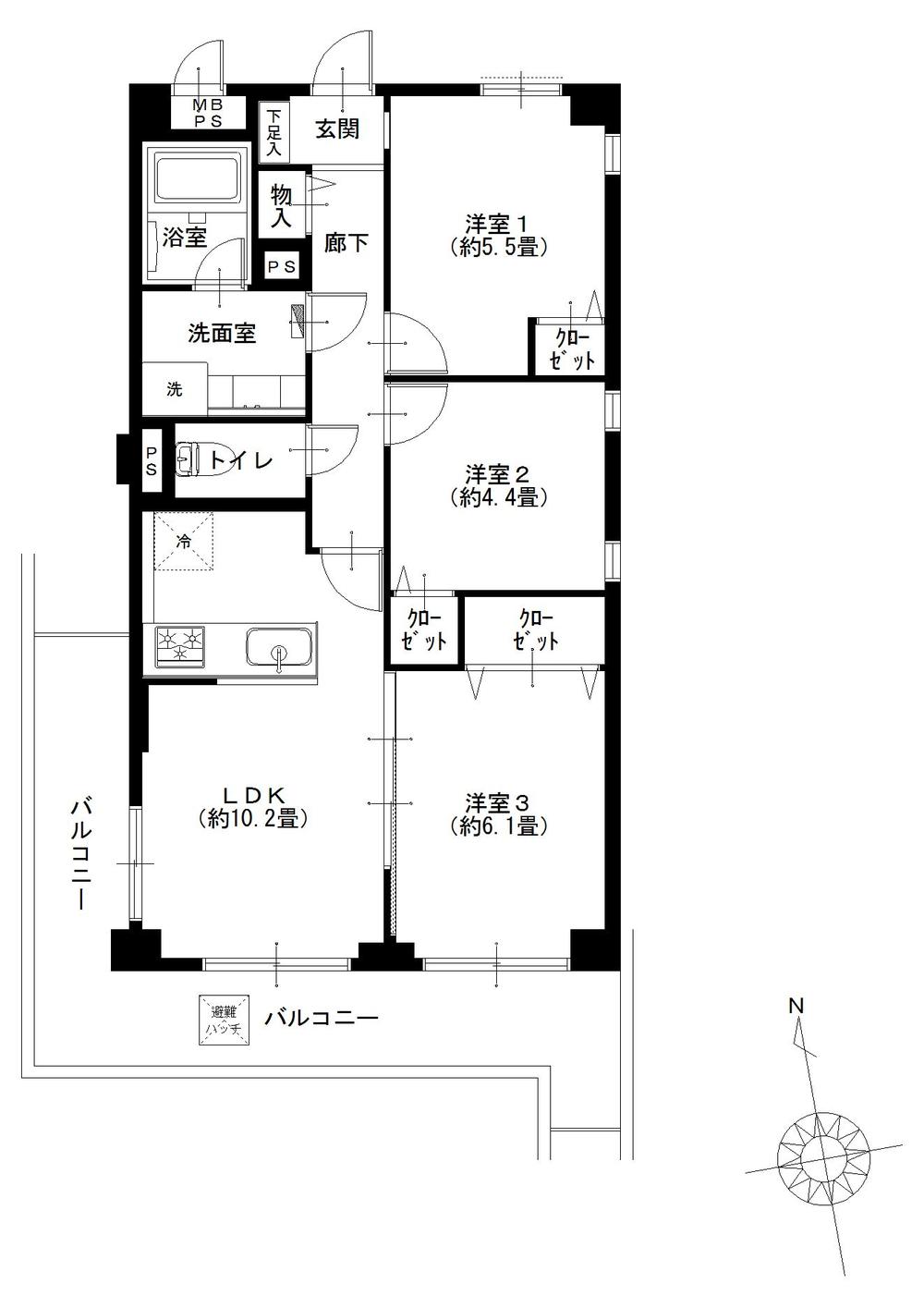 Floor plan. 3LDK, Price 18.9 million yen, Occupied area 61.48 sq m , Balcony area 15.45 sq m