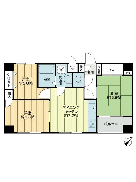 Floor plan. 3DK, Price 11.9 million yen, Occupied area 50.49 sq m , Balcony area 3.51 sq m