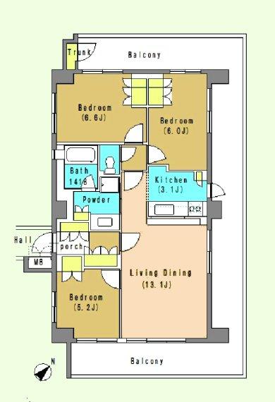 Floor plan. 3LDK, Price 24,800,000 yen, Occupied area 74.05 sq m , Balcony area 38.7 sq m