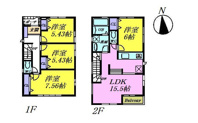 Floor plan. 34,800,000 yen, 4LDK, Land area 121.33 sq m , It is 4LDK of a building area of ​​90.67 sq m face-to-face kitchen LDK15.5 Pledge and the main bedroom 7.56 Pledge. All room is an easy-to-use floor plans with storage. 