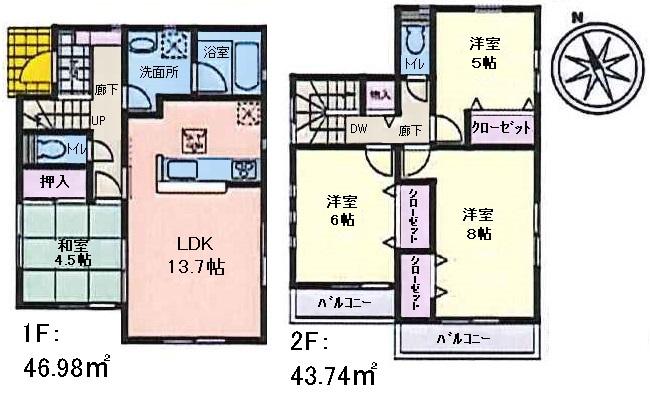 Floor plan. (1 Building), Price 23,300,000 yen, 4LDK, Land area 136.72 sq m , Building area 90.72 sq m