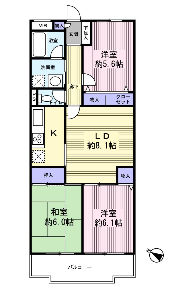 Floor plan. 3LDK, Price 8 million yen, Footprint 64.8 sq m , Balcony area 6.8 sq m