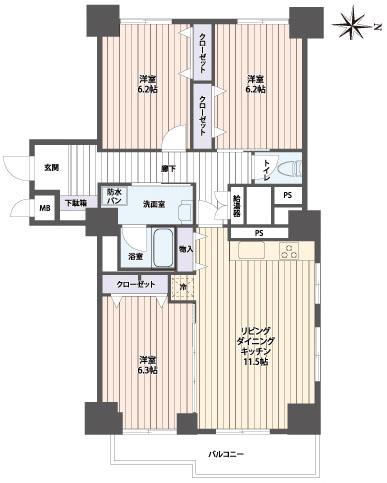 Floor plan. 3LDK, Price 12.3 million yen, Occupied area 80.88 sq m , Balcony area 6 sq m