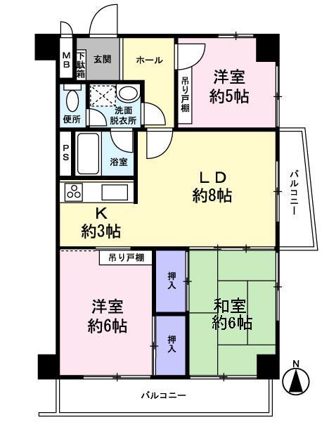 Floor plan. 3LDK, Price 8.8 million yen, Footprint 58.9 sq m , Balcony area 8.62 sq m