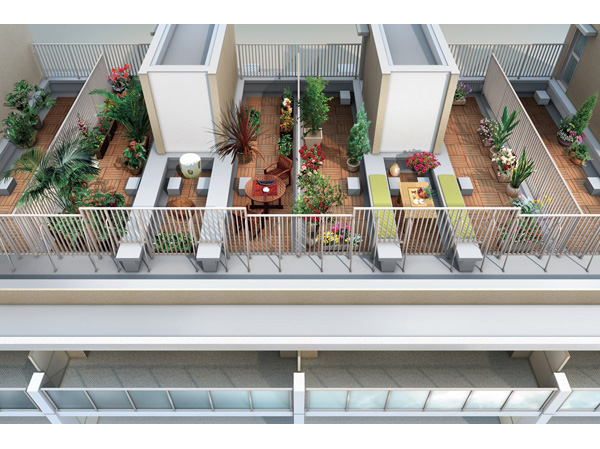 Shared facilities.  [Sky balcony (some dwelling unit only)] The fifth floor dwelling units rooftop of Aqua Court, Sitting on the deck chairs under the big sky, Prepare the Sky balcony to spend gently. living ・ In heaven housing ladder of dining, Go up to the Sky balcony. (Sky balcony Rendering CG)