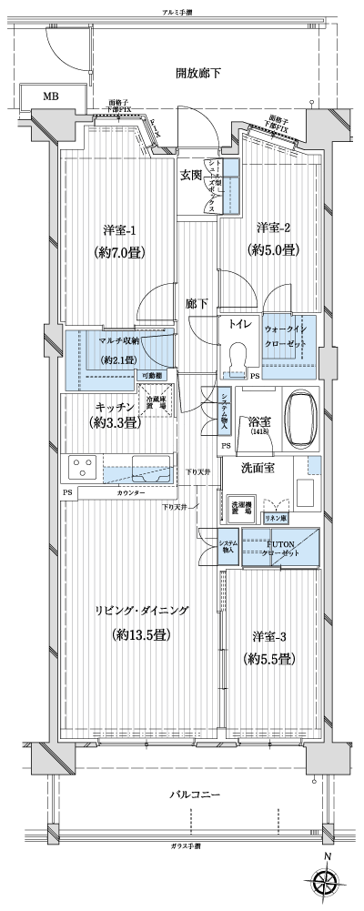 Floor: 3LDK + multi storage + WIC, the occupied area: 77.23 sq m