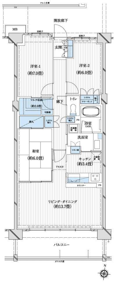 Floor: 3LDK + multi-housed, the area occupied: 82.54 sq m