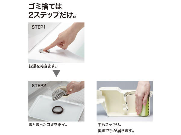Bathing-wash room.  [Kururin poi drainage port] Using the bathtub drainage by generating a "vortex" in the drainage mouth, It summarizes the garbage in the hair catcher while cleaning a drain outlet.  ※ In order to generate an effective eddy flow, Bathtub water level must be at least 150mm. (Same specifications)