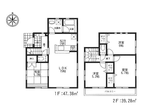 Floor plan. (Building 2), Price 22,800,000 yen, 4LDK, Land area 112.34 sq m , Building area 86.66 sq m