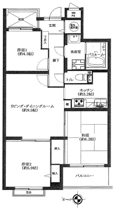 Floor plan. 3LDK, Price 11.9 million yen, Occupied area 64.51 sq m , Balcony area 4.2 sq m