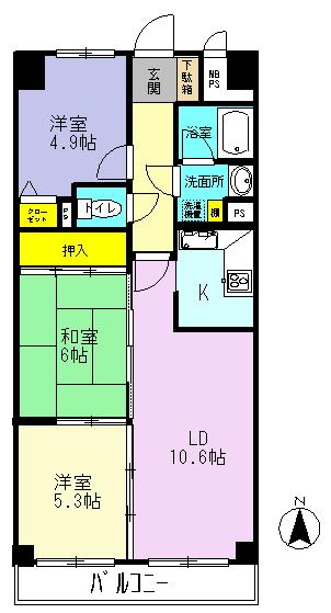 Floor plan. 3LDK, Price 12.5 million yen, Footprint 64.4 sq m , Balcony area 6.34 sq m