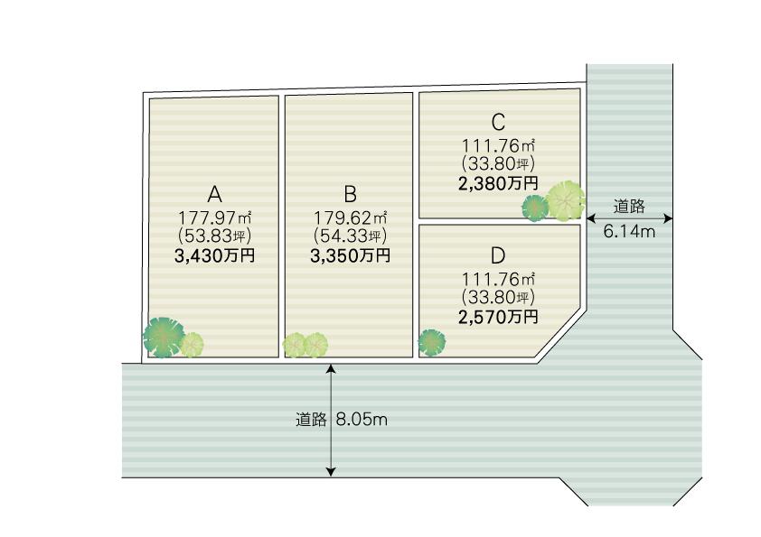 Compartment figure. Land price 23.8 million yen, Land area 111.73 sq m south road 50 square meters more than two-compartment, Southeast corner lot 1 compartment
