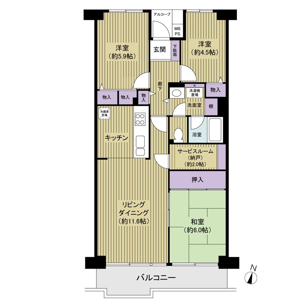 Floor plan. 3LDK, Price 16.8 million yen, Occupied area 74.22 sq m , Balcony area 7.59 sq m 74 sq m , Storage rich affluent 3LDK