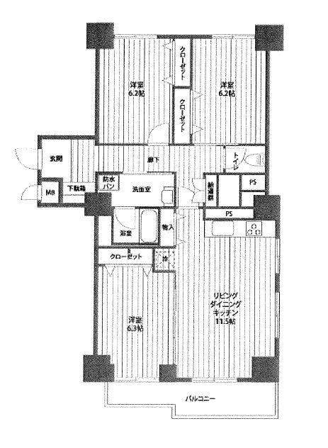 Floor plan. 3LDK, Price 12.3 million yen, Occupied area 80.88 sq m , Balcony area 6 sq m