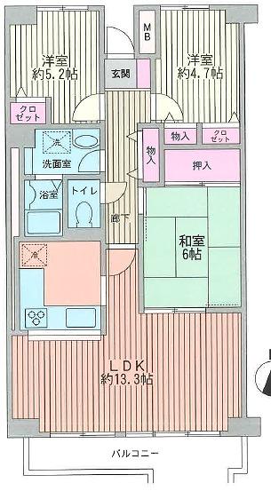 Floor plan. 3LDK, Price 17.8 million yen, Occupied area 76.62 sq m , Combined balcony area 7.37 sq m LDK and the Japanese-style room, About 19.3 Pledge and spacious space, Since the south balcony is per yang good !!