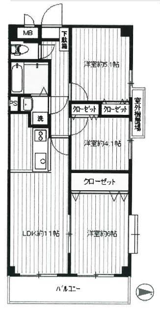 Floor plan. 3LDK, Price 11.8 million yen, Occupied area 58.85 sq m , Balcony area 5.61 sq m 3LDK of all living room flooring