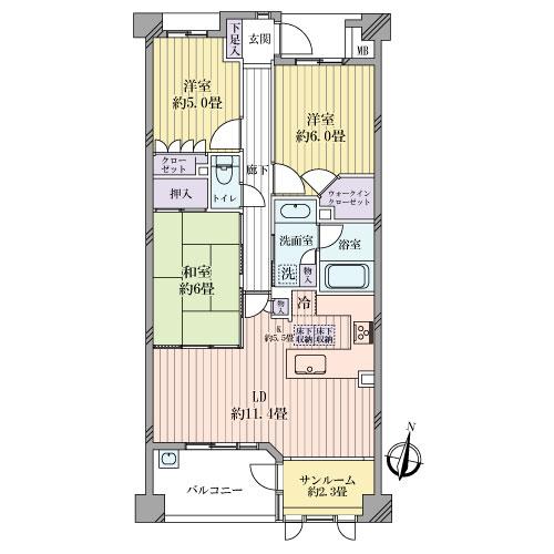 Floor plan. 3LDK, Price 24 million yen, Occupied area 71.75 sq m , Balcony area 7.35 sq m