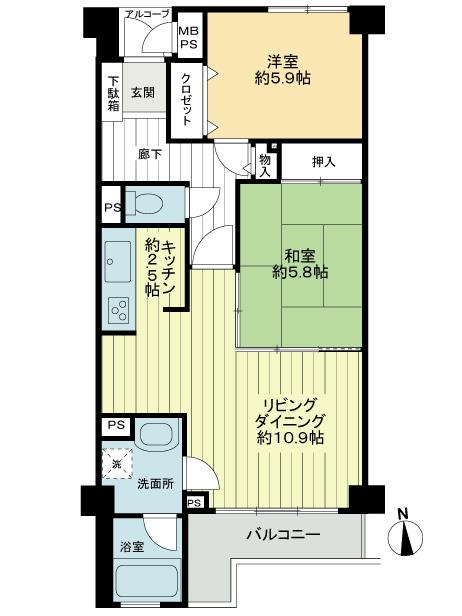 Floor plan. 2LDK, Price 37,800,000 yen, Footprint 62.6 sq m , Balcony area 4.79 sq m