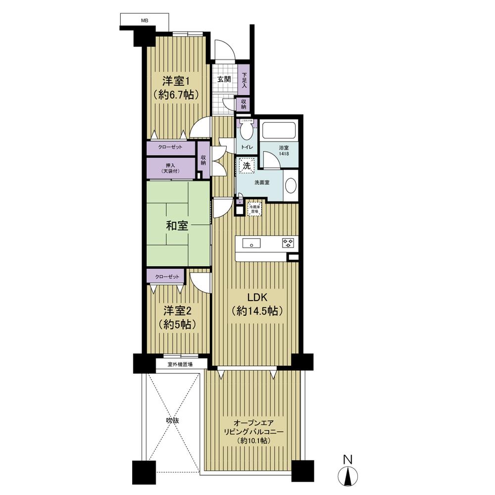 Floor plan. 3LDK, Price 25,900,000 yen, Occupied area 72.53 sq m , Balcony area 16.38 sq m 3LDK + open-air living room balcony.