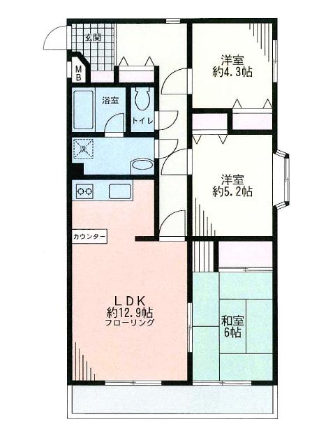 Floor plan. 3LDK, Price 20.8 million yen, Occupied area 68.98 sq m , Balcony area 7.56 sq m