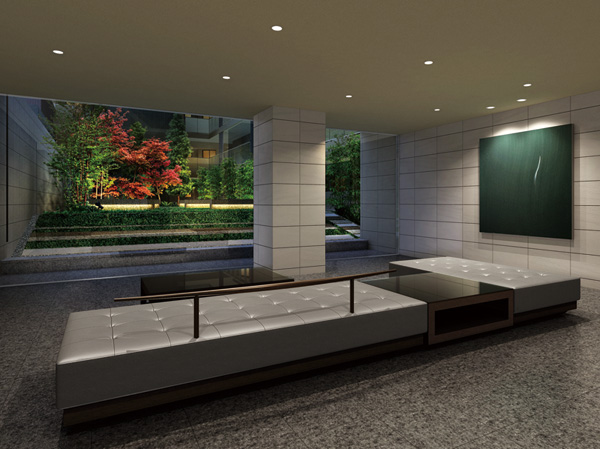 Shared facilities.  [Entrance lounge Rendering] In the entrance lounge, Place the screen and objects that reflect the scene of the back of the courtyard faintly. Accented in a space that has been configured with sophisticated design and materials.