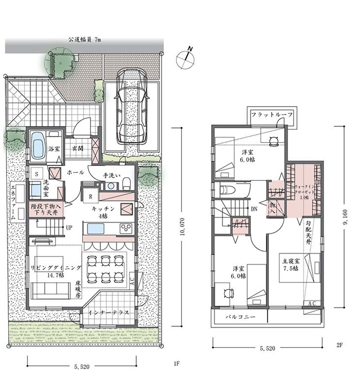 Floor plan.  [No. 5 areas] So we have drawn on the basis of the Plan view] drawings, Plan and the outer structure ・ Planting, etc., It may actually differ slightly from.  Also, car ・ furniture ・ Consumer electronics ・ Fixtures, etc. are not included in the price.