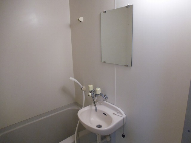 Washroom. There is a mirror to the wash basin