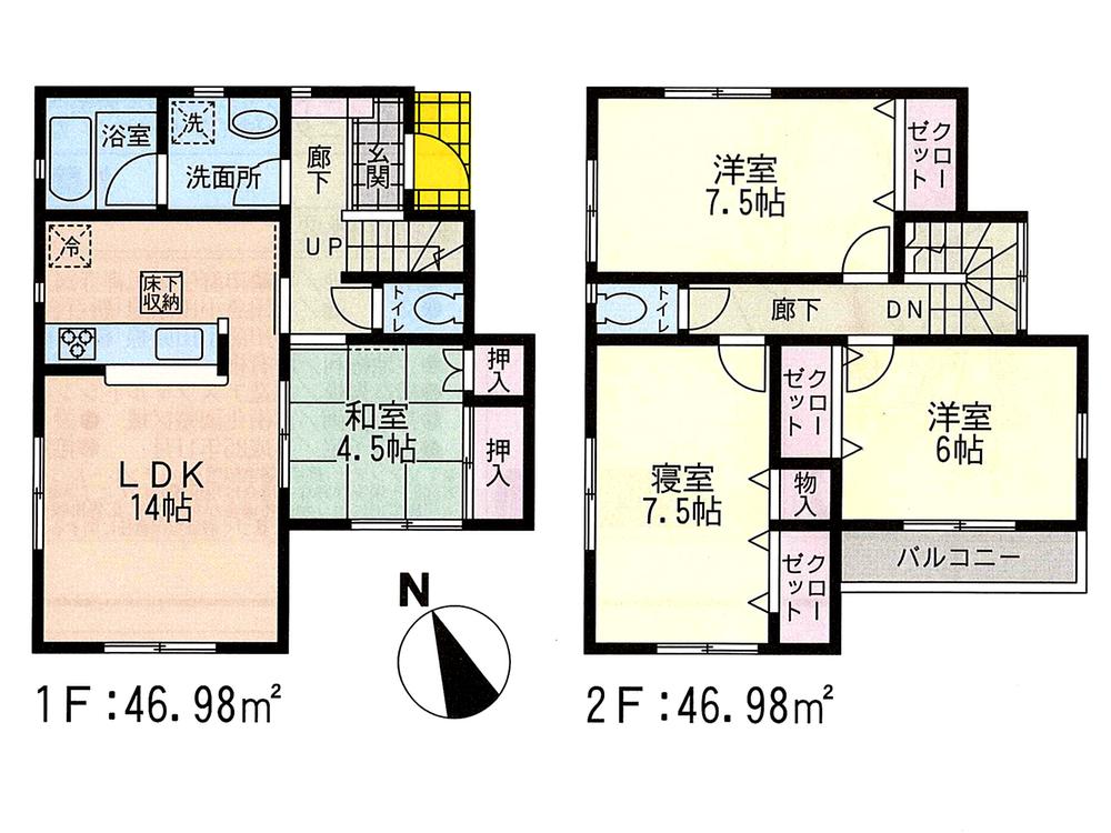 Floor plan. (6 Building), Price 37.5 million yen, 4LDK, Land area 136.44 sq m , Building area 93.96 sq m