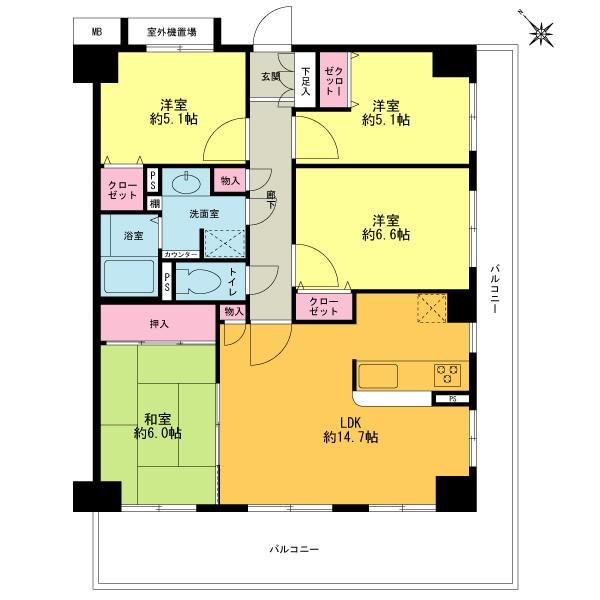 Floor plan. 4LDK, Price 23.5 million yen, Footprint 82 sq m , Balcony area 22.4 sq m southeast angle room Counter Kitchen 4LDK