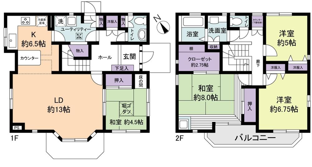Floor plan. 49,800,000 yen, 4LDK + S (storeroom), Land area 205.49 sq m , Including the closet of the building area 121.43 sq m about 3 quires a little less than, Stairs under storage, Storage is abundant there is a corridor housing. The kitchen there is an oven built-in. First floor toilets are proud of the breadth of 2 tatami. 