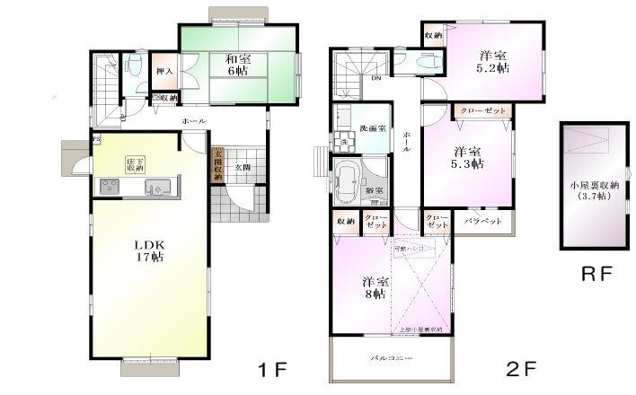 Floor plan. (Building 2), Price 48,800,000 yen, 4LDK, Land area 127.4 sq m , Building area 101.85 sq m