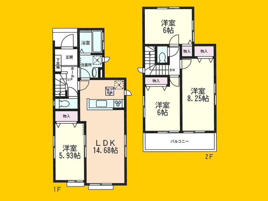 Floor plan. (1 Building), Price 33,800,000 yen, 4LDK, Land area 125.08 sq m , Building area 93.98 sq m