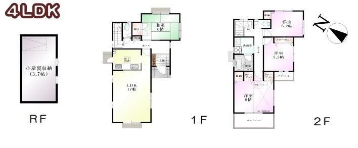 Floor plan. (Building 2), Price 48,800,000 yen, 4LDK, Land area 127.4 sq m , Building area 101.85 sq m