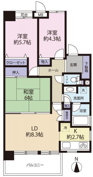 Floor plan. 3LDK, Price 17.8 million yen, Occupied area 63.02 sq m , Balcony area 6.74 sq m