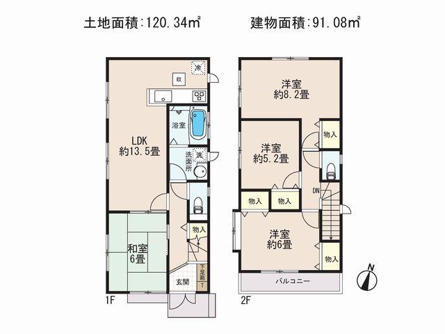 Floor plan. (1 Building), Price 36,800,000 yen, 4LDK, Land area 120.34 sq m , Building area 91.08 sq m