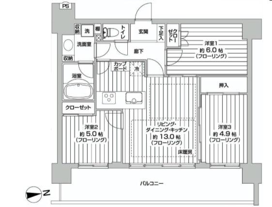 Floor plan. 3LDK, Price 25,900,000 yen, Occupied area 65.52 sq m , Balcony area 17.94 sq m