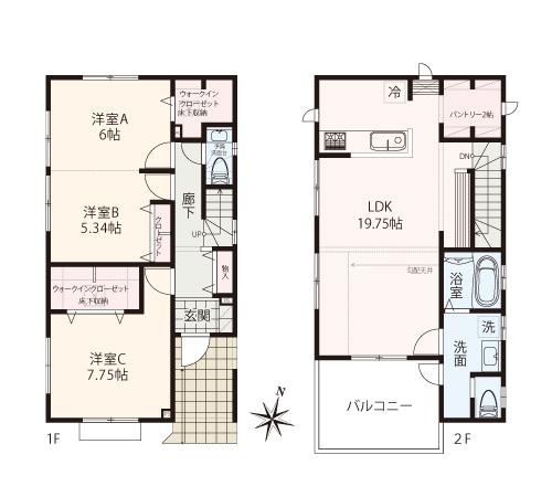 Floor plan. (No.6), Price 44,800,000 yen, 3LDK, Land area 101.04 sq m , Building area 98.74 sq m