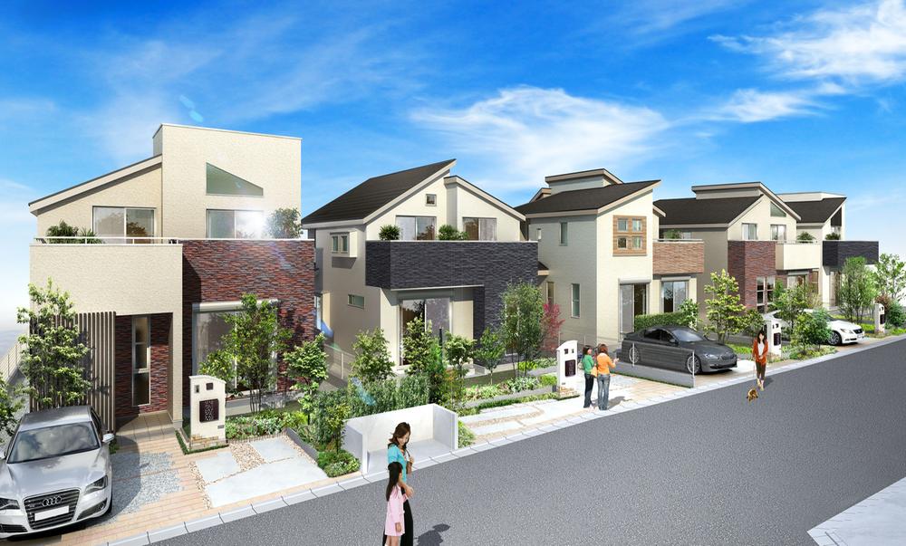 Cityscape Rendering. Newly born in orderly streets in the land readjustment land project site, Bright and unique all 8 House of Natural modern design. < ※ Cityscape Rendering CG is, Which was raised to draw based on the drawings of the design stage, In fact and might be different. >