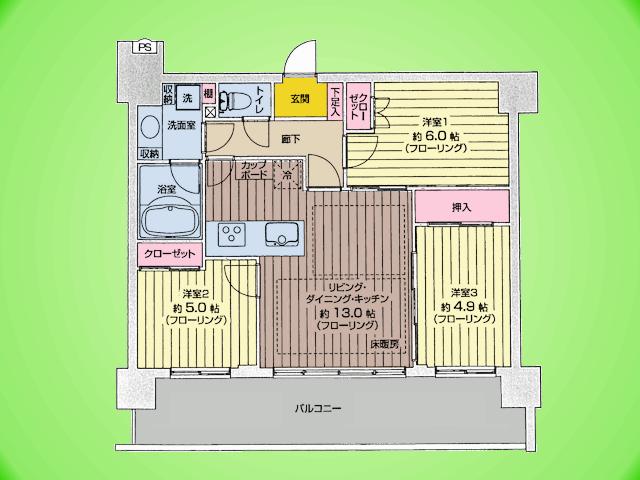 Floor plan. 3LDK, Price 25,900,000 yen, Occupied area 65.52 sq m , Balcony area 17.94 sq m