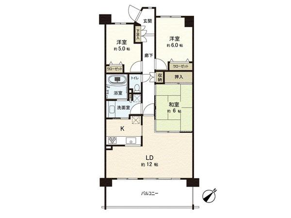 Floor plan. 3LDK, Price 42,800,000 yen, Occupied area 73.25 sq m , Balcony area 12.6 sq m