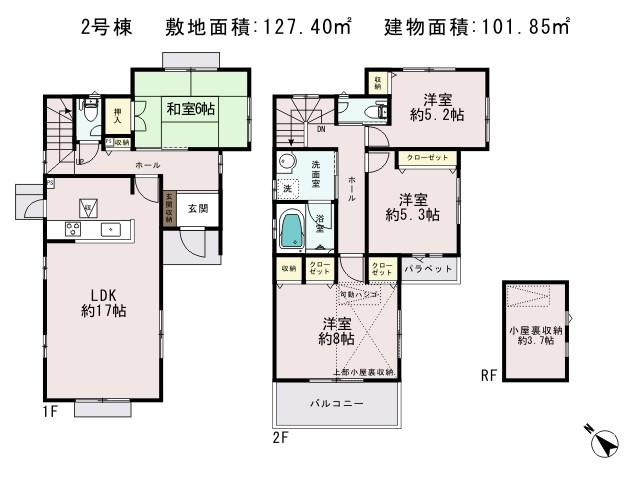 Floor plan. (Building 2), Price 48,800,000 yen, 4LDK, Land area 127.4 sq m , Building area 101.85 sq m